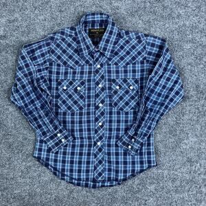 Rustler Western Shirt Kids Size M Blue Plaid Long Sleeve Snap Pearl Button Rodeo